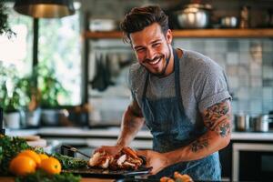Man in apron smiles in the kitchen. He holds a plate with cooked poultry and vegetables. Fruits lie nearby. Light fills room. photo