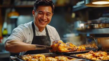 Human Chef With Built-In Metal Arm Cooking Chicken On Grill. Chef smiles while taking hot chicken from the oven. Professional kitchen with tasty food. photo