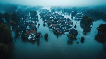 Aerial view of flooded village. Houses submerged in water. Natural disaster strikes neighborhood. Heavy rains cause river to overflow. Water covers land. photo