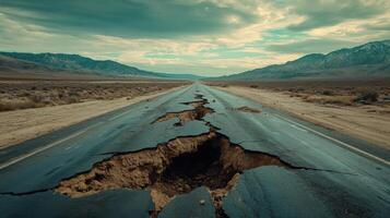 Cracked road. Broken asphalt stretches through desert landscape with mountains in the background. Destruction. Earthquake damage. Hole in pavement. Crisis. Failure. photo