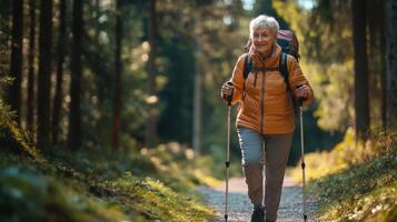 Senior woman hiking. Happy older lady with backpack walks on forest path using hiking poles. Active lifestyle. Healthy aging. Hiking in nature. photo