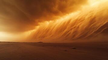 Sandstorm Approaching. Large dust cloud. Desert landscape view. Strong winds blowing. Arid land with storm. Golden light, dramatic scene. Impending weather event. photo