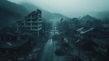 Destroyed City Landscape. Abandoned Buildings in Ruins. Apocalypse Aftermath View. Dark and Misty Scene. Urban Decay Concept. Disaster Strike. Gloomy and Bleak. Old Damaged Structure. photo