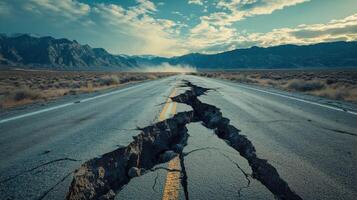 Cracked road surface. Earthquake damage. Broken asphalt on highway. Landslide with open sky and mountains. Disaster and destruction on country road. photo
