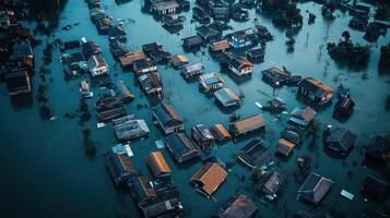 Aerial view of flooded houses after heavy rain. Flood disaster water covers the village and surrounding areas. Natural disaster with damage to home. photo
