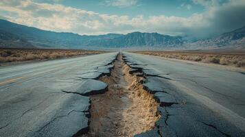 Cracked road surface. Earthquake damage in a desert landscape. Mountains in the background. Broken asphalt. Road collapse after disaster. Concept of destruction. photo