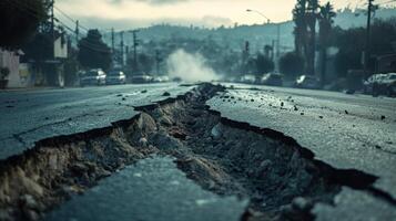 Earthquake damage on street. Crack in road surface. Town and cars in background. Destruction from natural disaster. Broken asphalt after quake. photo