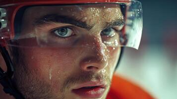 Ice Hockey Player Sweating. Man in Sport Helmet. Intense Stare. Close Up of Face. Focus and Determination. Active Lifestyle Concept. photo