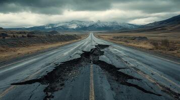 Cracked Road. Broken Asphalt. Mountains in Distance. Dark Sky. Road Damage. Earthquake Fault. Natural Disaster. Geological Event. Landscape View. Highway Problems. photo