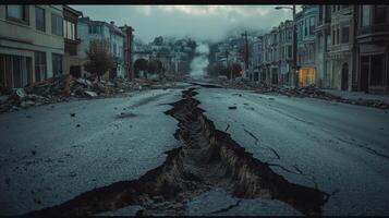 Earthquake splits city street. Road cracks wide open. Buildings damaged. Urban disaster scene. Destruction after the quake. Pavement broken in town. photo