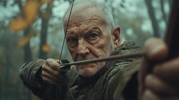 Old Archer. Man aims bow. Hunter in woods. Serious face. Focus. Arrow pulled. Medieval theme. Warrior training. Autumn forest. Bow and arrow. Hunting scene. photo