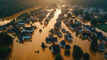 Flooded town. Houses submerged in water. Aerial view of disaster. Natural calamity. Heavy rainfall. Climate change impact. Severe weather. Flooding aftermath. photo