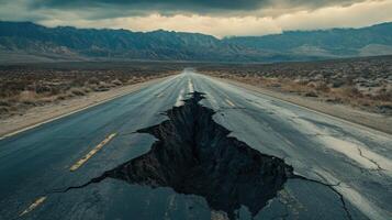 Cracked Road Disaster. Large crack in the road. Mountains in the background. Destruction caused by nature. Dangerous trip. Road split. Land collapse. photo