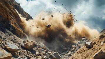 Mountain rocks falling down. Landslide. Natural disaster in mountains. Big stones flying. Danger in mountains. Ground collapsing. Dust and debris falling. photo