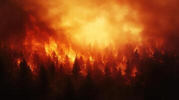 Forest fire rages. Trees burn. Smoke rises. Intense heat. Destruction spreads. Dangerous flames. Wildfire disaster. Natural tragedy. Global warming. Climate change. Urgent problem. California burning. photo