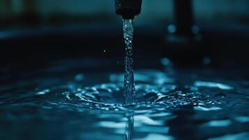 Water flowing. Clear liquid. Blue tones. Reflection on surface. Ripple effect. Drinkable tap water. Hydration concept. Droplets and motion. Abstract shapes. Close up image. Simple. photo