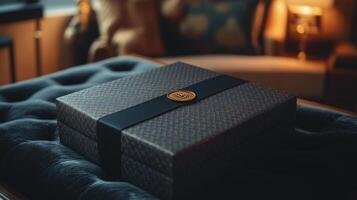 Elegant gift box. Dark ribbon and gold seal. Luxury present on blue velvet. Stylish birthday or holiday surprise. Premium gift concept. photo