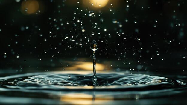Water drop collision. Water splash with crown. Droplets falling into liquid. Dark background. Calm ripple effect. Close up scene. Water surface impact. photo