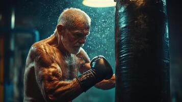 Senior man boxing. Elderly fighter training hard at gym. Old man punching bag. Strong senior during workout. Intense boxing session. photo