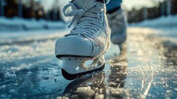 Ice skates detail on frozen surface. Winter activity and recreation on cold season. Skating on ice. White boots sliding on a pond. photo