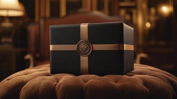 Black gift box sits on a brown pillow. Gold ribbon around the box. Elegant present in a luxury setting. Dark brown background with lamp. photo
