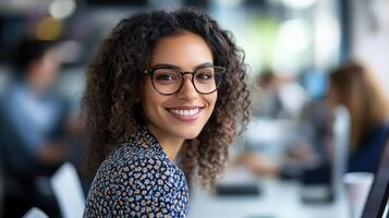 Woman in glasses smiles. Office work setting. Blurred background of coworkers. Professional look. Light and bright photo. Happy worker. Smiling face. photo