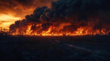 Large wildfire rages across dark field. Flames burn at sunset. Heavy smoke billows into orange sky. Dangerous burning disaster with environmental impact. photo