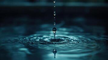 Water drop falls into water. Ripple effect is visible. Surface tension creates a clear reflection. Drops form on their way down. Water is blue. photo