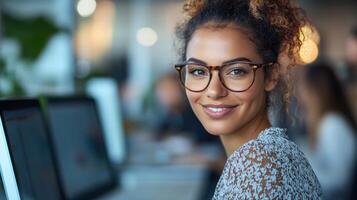 Office worker with glasses. Young woman smiles in workspace. Computer screen and other people in background. Good for professional or business theme. photo