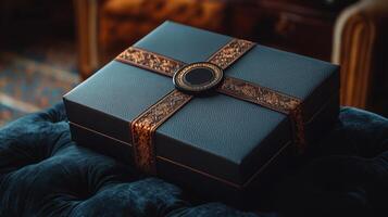 Luxury gift box. Dark box with ribbon. Elegant present on soft cushion. Sophisticated package. Special occasion. Exclusive design. Beautiful dark tones. Rich look. photo