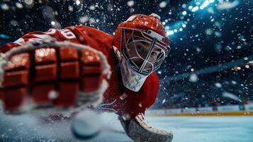 Ice hockey goalie saves. Player wearing red reaching for puck in game. Intense action shot in bright arena. Sports competition concept. photo