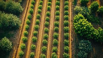 Farm Field View. Green plants in neat rows. Aerial view of crops growing on soil. Garden landscape. Agricultural farm land with trees. photo