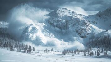 Mountain avalanche. Snow slides down snowy mountainside. Winter landscape with forest. Dangerous natural disaster. Cold weather scene. Blue sky overhead. photo
