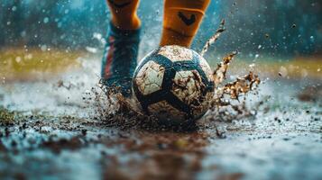 Soccer ball in mud. Foot kicking ball. Water splash from impact. Sports action in bad weather. Dirty soccer game. photo