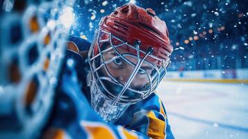 Ice Hockey goalie watches net. Close up of player face in helmet. Winter sport with snow on ice. Focus and determination. Team game. photo