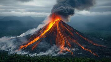 Large volcano erupts. Lava flows down. Dark smoke rises. Green forest surrounds. Nature and destruction. Power and danger. Volcanic landscape. Amazing view. Beautiful and intense. photo