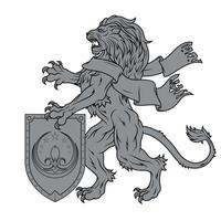 A fierce rampant lion stands proudly beside a flowing ribbon, paired with an ancient medieval shield of great valor vector