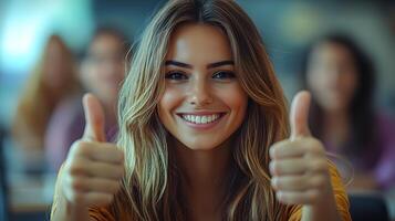 Team photo of professionals in a bright meeting room, giving thumbs up to express positivity