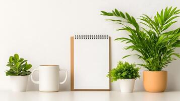 Minimalist setup featuring blank calendar, coffee mug, and open notebook on a clean desk photo