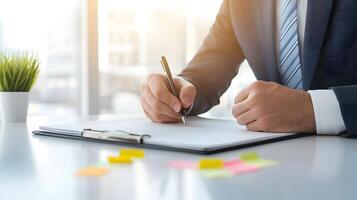 A business professional sitting a modern desk, writing in a planner with colorful markers and sticky notes spread around photo