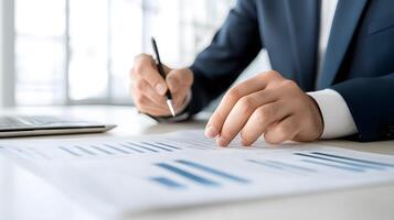 A group of colleagues discussing data trends around a table filled with detailed financial reports and charts photo