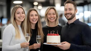 small cake cutting ceremony in the office, with team members laughing and enjoying a cheerful moment photo