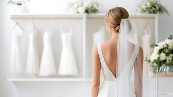 Bride selecting elegant veils from a collection displayed in a modern bridal studio photo