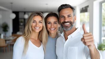 Happy couple walking through a bright, spacious house with a real estate agent pointing out features photo