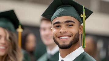 Mixed-age graduates from technical school smiling in caps and gowns, showcasing achievement and diversity photo