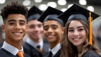 Mixed age graduates from a technical school smiling in caps and gowns, showcasing achievement and diversity photo