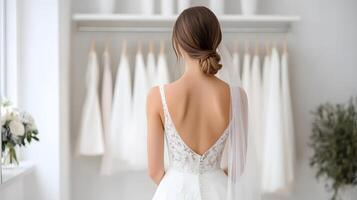 Bride selecting elegant veils from a collection displayed in modern bridal studio photo