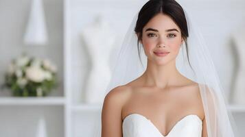 Bride selecting elegant veils from collection displayed in a modern bridal studio photo