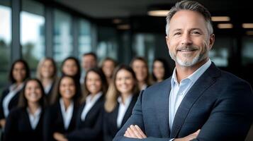 Visionary CEO posing confidently in front of a group of smiling team members in an office setting photo