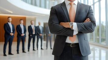 Inspiring CEO standing at center of an employee group in a large conference area, full body wide angle photo